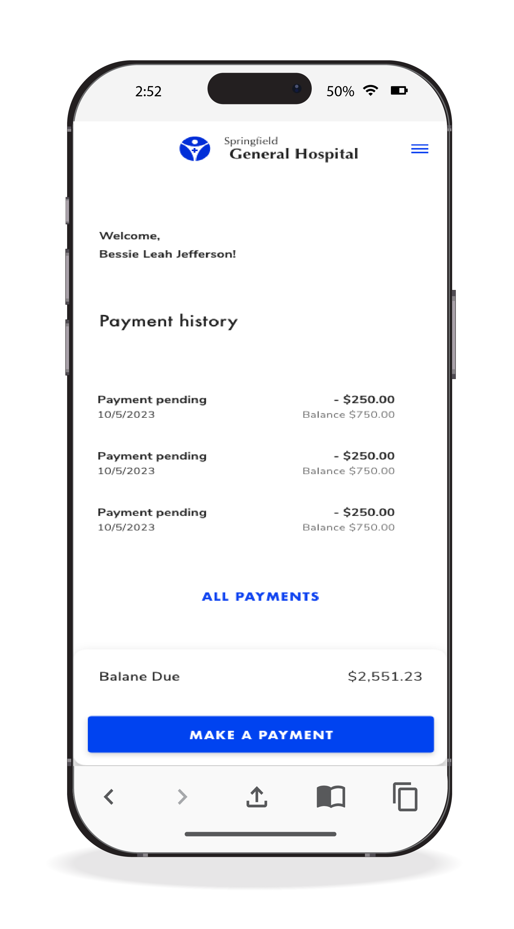 A smart phone showing the consumer experience. It displays a welcome message, and shows the payment history, as well as the balance due. It also offers an option to make a payment, all on one screen.